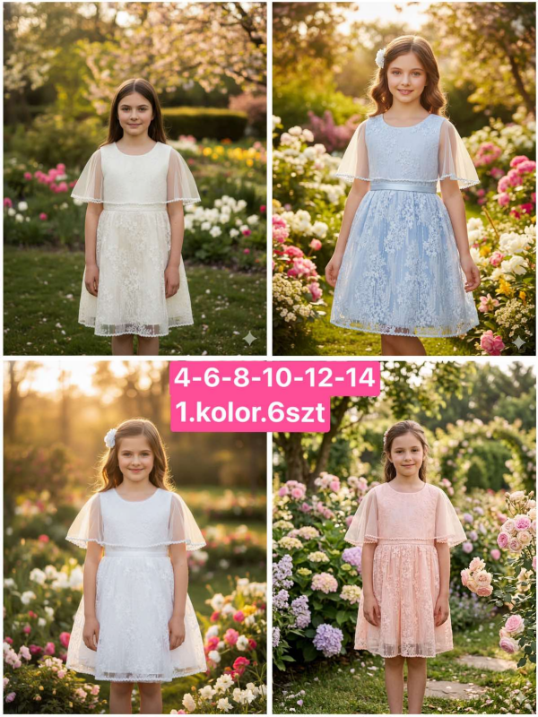 Sukienki dziewczęce Roz 4-14, 1 kolor Paczka 6 szt